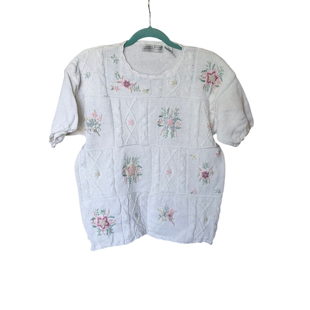 Vintage Carolyn Taylor white cotton ramie short sleeve sweater cottagecore small